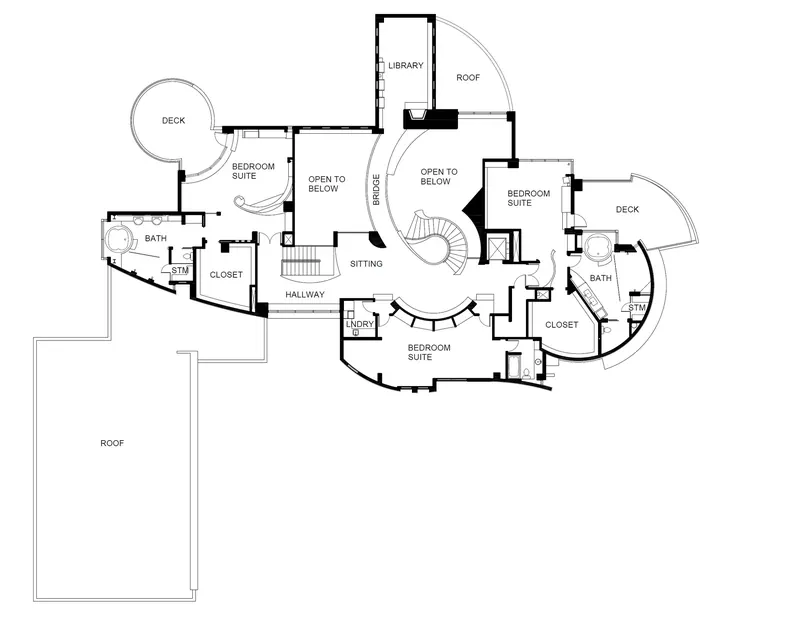 Second level floor plan showing the curved bridge, library, bedroom suites and decks