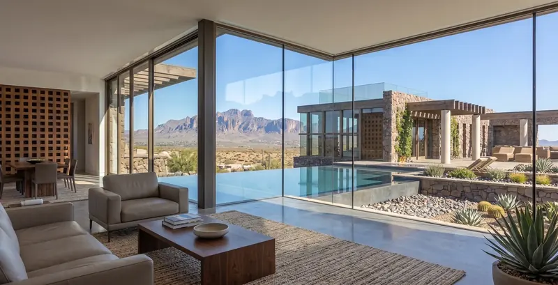 Living room with leather seating and corner floor-to-ceiling glass looking out to the infinity pool and desert peaks