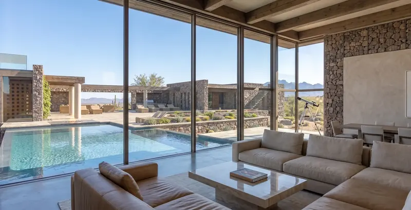 Wood-beamed living room with a sectional, a telescope by the glass wall and the courtyard pool outside