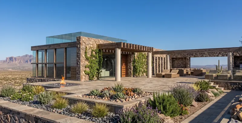Stone and glass house with a timber pergola, fire pit, stone patio and succulent gardens, desert mountains to the left