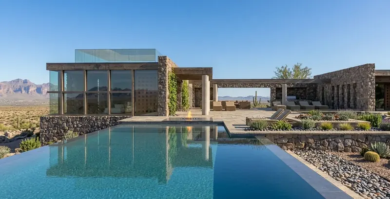 Infinity pool reflecting the stone and glass house, with the glass box upper level and mountains under a clear sky
