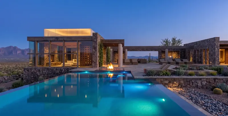 Desert Lantern House at dusk, its glass upper level glowing above stone walls, a fire pit and lit infinity pool in front