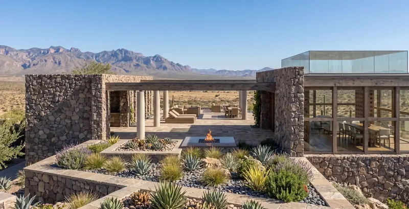Rugged stone walls framing a columned patio and fire pit, with a glass dining room and distant mountain range