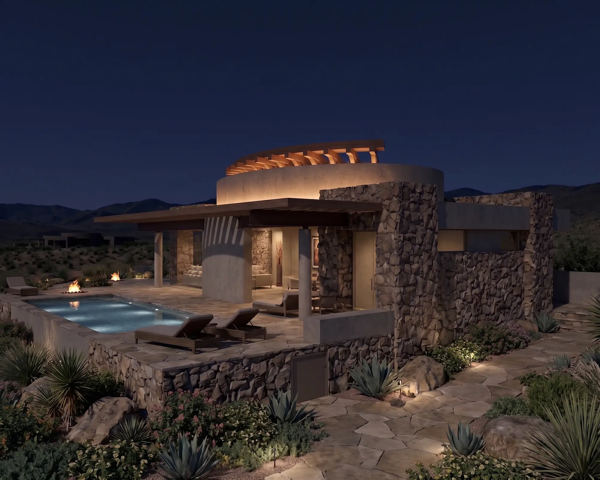 Rotunda with a lit timber crown beside stone walls and a glowing pool terrace, desert hills under a night sky
