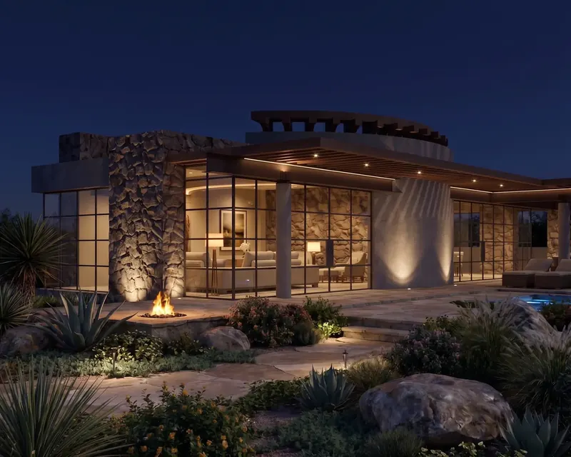 Glass living room glowing at night behind stone piers, with an uplit curved wall and a fire pit in the garden