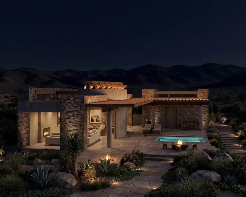 Desert Rotunda Home compound at night against dark mountains, with a fireplace, lit pool and path lights