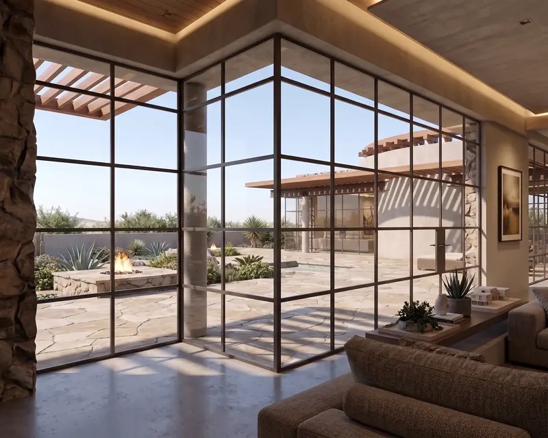 Guest cottage living space with polished concrete floor and corner glazing onto a flagstone patio and fire pit