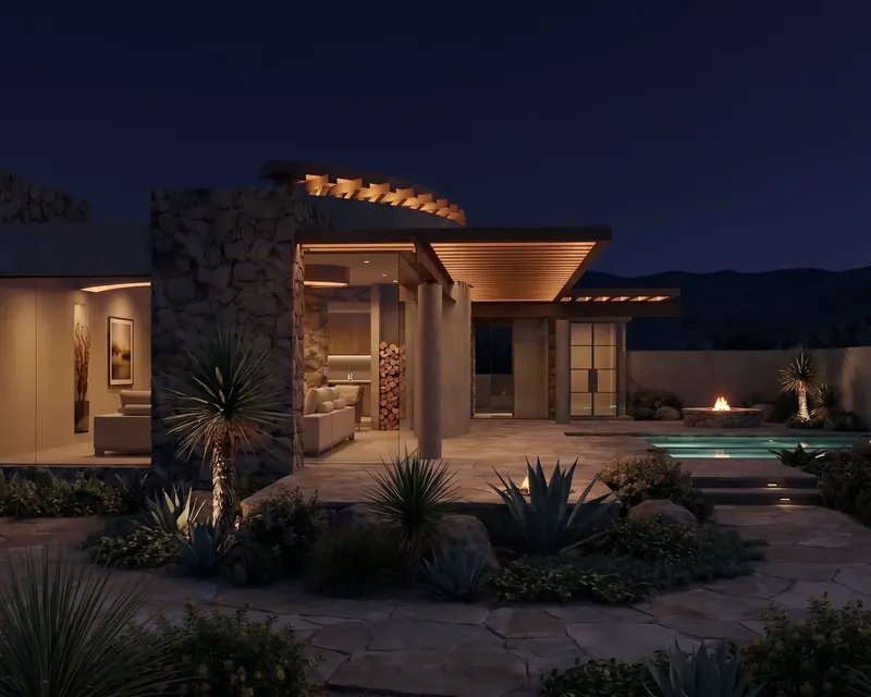 Stone-clad living wing at night beside a stacked firewood niche, glowing timber crown and pool with fire pit