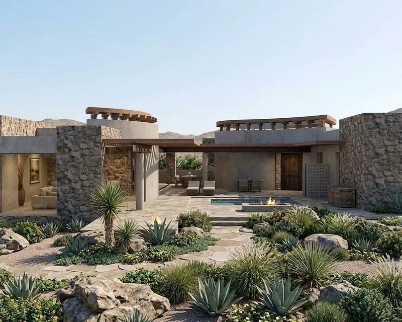 Courtyard view across native plantings to a flagstone patio, plunge pool, fire pit and two timber-crowned roofs