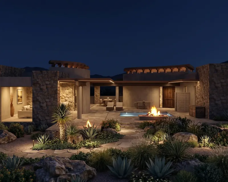Courtyard at night with a lit plunge pool, blazing fire pit, outdoor dining and a tall wooden door