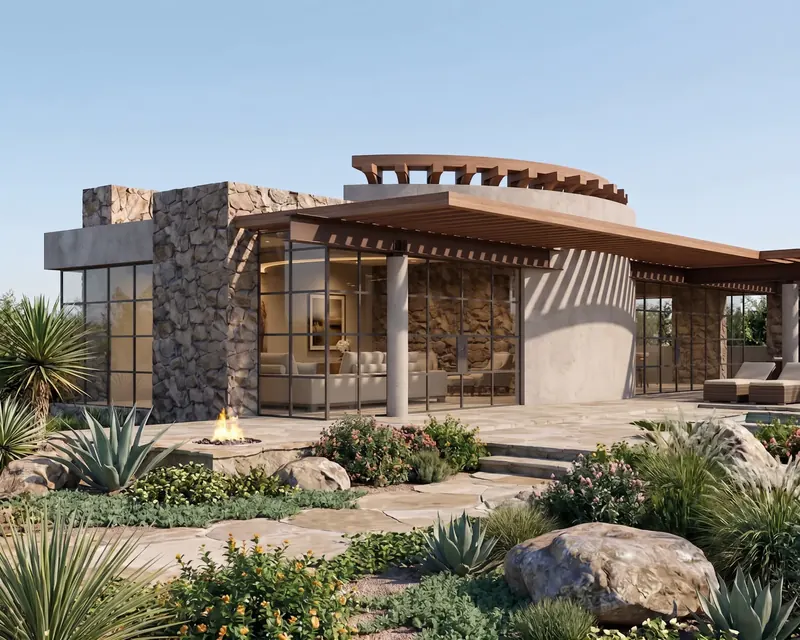 Grid-paned glass walls between rugged stone piers under a timber trellis, with a fire pit and agave garden in front