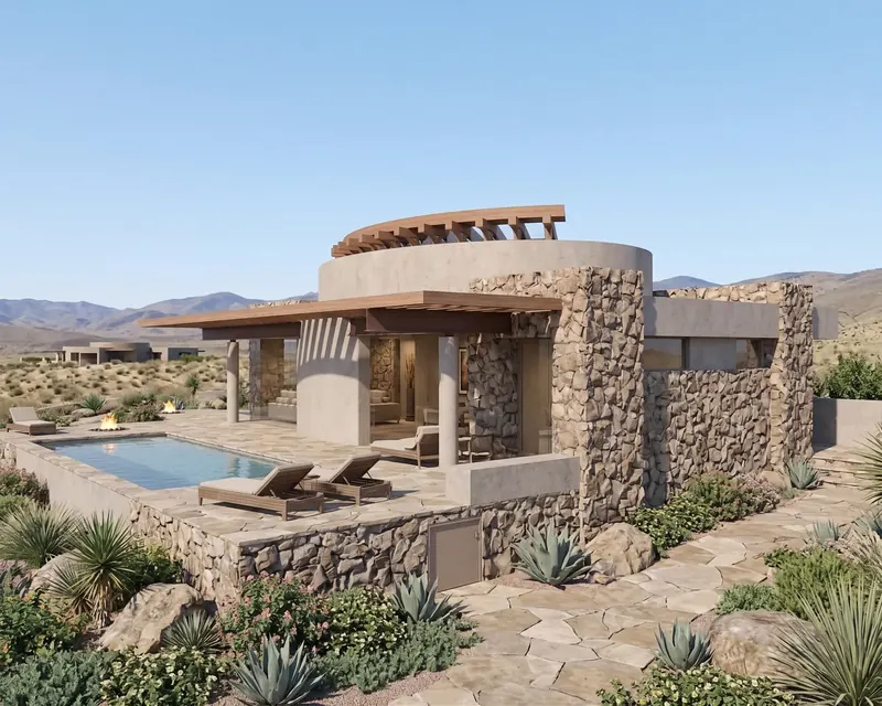 Rotunda with a radial timber crown beside rugged stone walls, a flagstone pool terrace and desert hills beyond