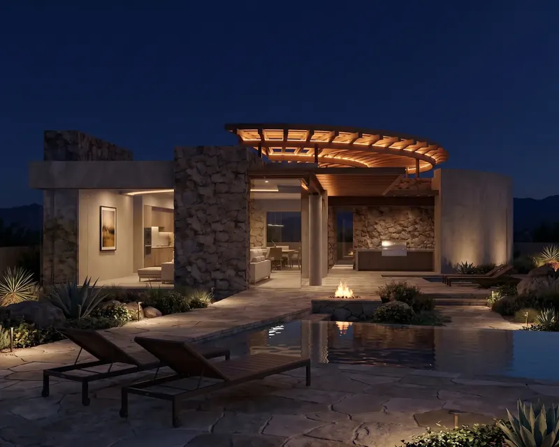 Desert Rotunda Home at night: an illuminated radial timber crown over an outdoor kitchen, loungers and a fire pit by the pool