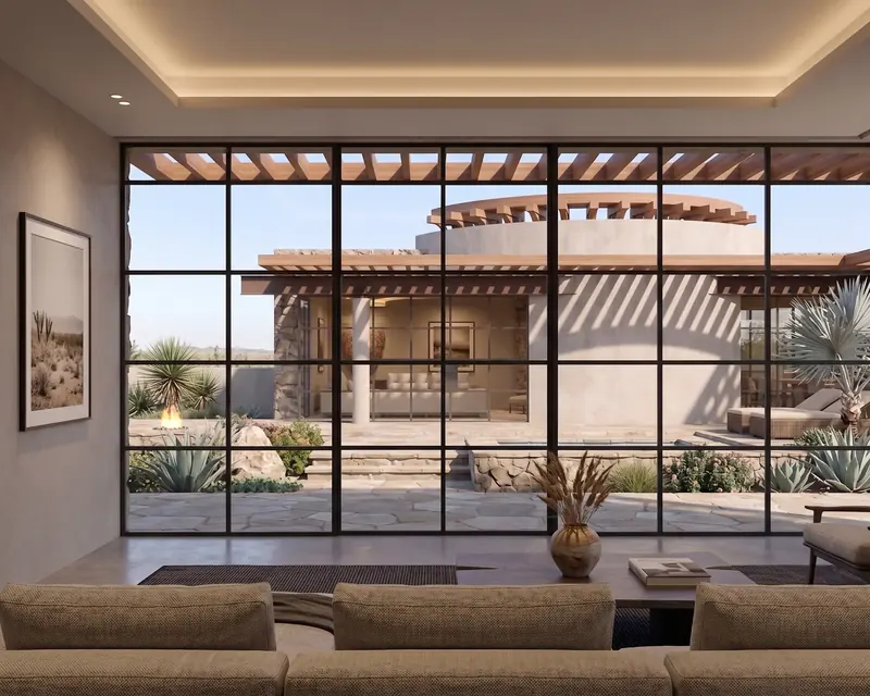 Sofa facing a full-height grid-paned glass wall that frames the courtyard and the rotunda's timber crown