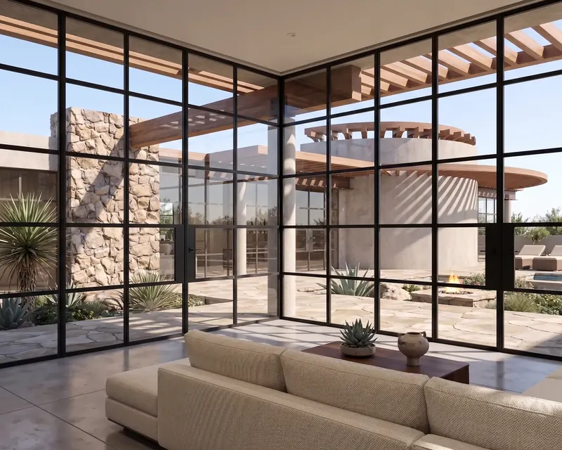 Living room with black-framed corner glazing looking out to a stone wall, timber trellis, rotunda and courtyard fire pit