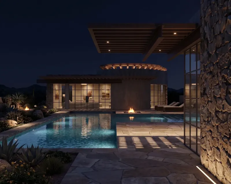 Lit pool at night beneath a timber trellis, with the glowing rotunda crown and glass living room beyond