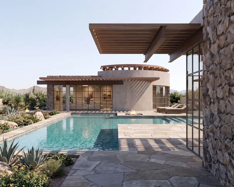 Swimming pool and flagstone deck beneath a deep timber trellis, leading to the curved rotunda wall and glass living room