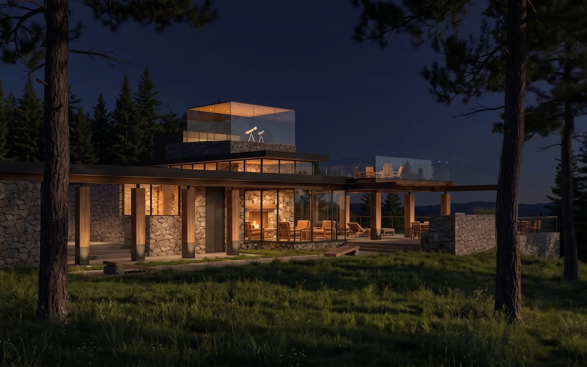 The retreat at night among pines, a fire glowing in the stone fireplace and telescopes in the glass rooftop room