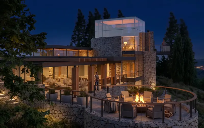 The Edge Wilderness Retreat at night: a curved stone terrace and fire pit below the lit glass sky room and cantilevered deck