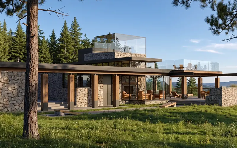 Stone walls, timber columns and a glass rooftop room in daylight, with lawn game boards on the grass among pines