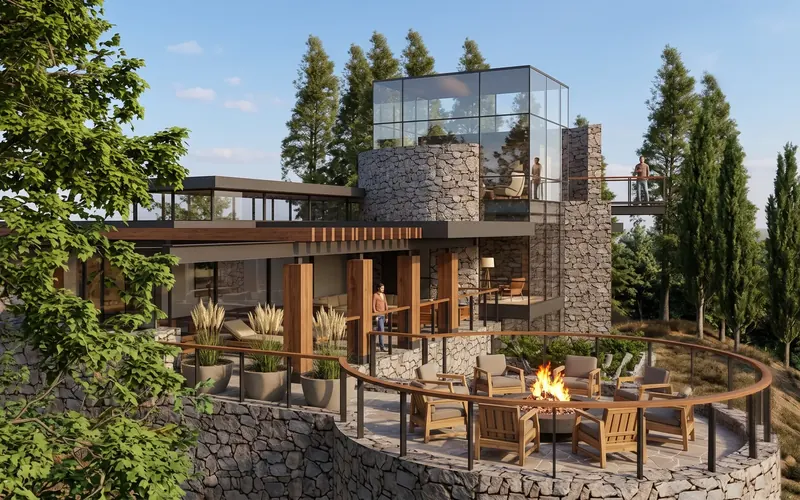 Circular stone tower topped by a glass room in daylight, beside a cantilevered deck and a railed fire pit terrace