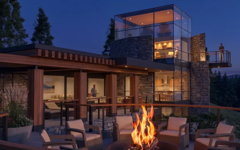 Glass-walled tower glowing at dusk above a stone base, seen past armchairs gathered around an open fire on the terrace