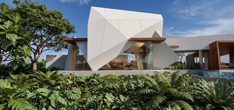 Folded white geometric panels over a glass-walled living room with leather lounge chairs, set behind dense tropical plants