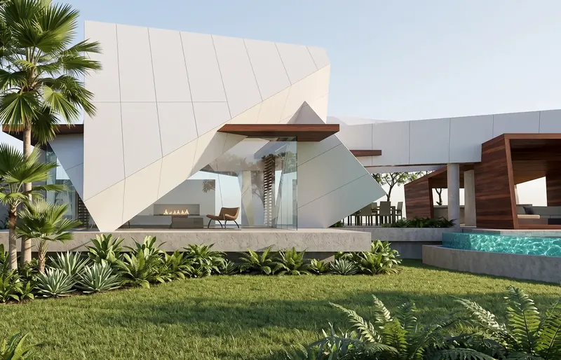 Lawn view of the angular white facade, a fireplace seen through glass, and a wood-clad pavilion beside the pool