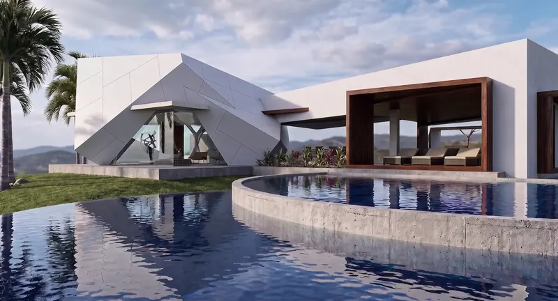 Curving pool with concrete edge reflecting the faceted white wing and a wood-framed lounge with chaises