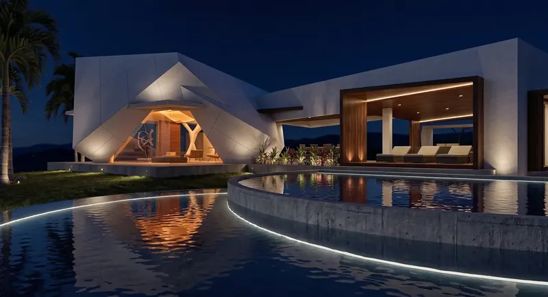 Facets and Angles House at night, warm light glowing through angled glazing above a lit curving pool