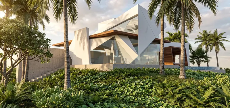 Facets and Angles House, white faceted walls and angled glass under wood roof overhangs, framed by palm trees and ferns