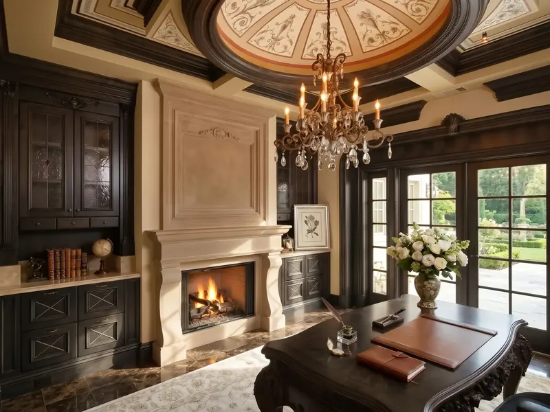 Old-world study with a limestone hearth, dark millwork and French doors open to the vineyard estate