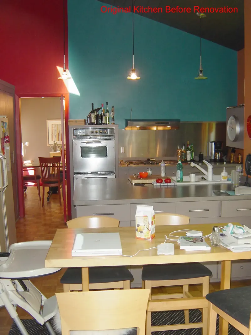 The original kitchen and dining area in red and teal, before the remodel