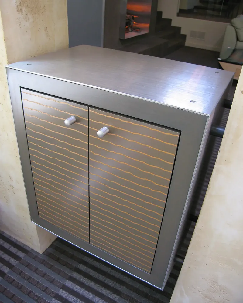 Stainless steel cabinet with slatted wood doors