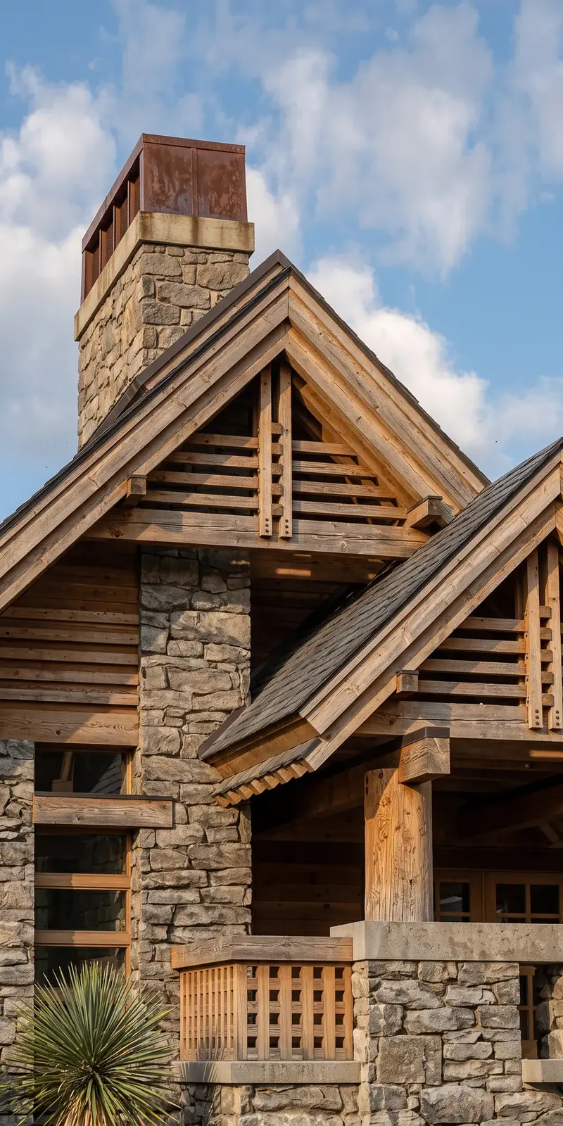 Close view of timber gable slats, stone chimney with weathered metal cap and lattice porch rail