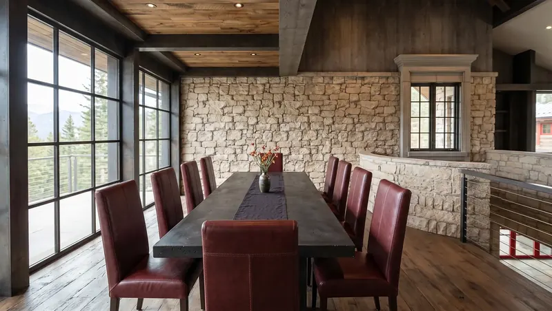 Dining table with burgundy leather chairs before a pale stone wall and tall dark-framed windows