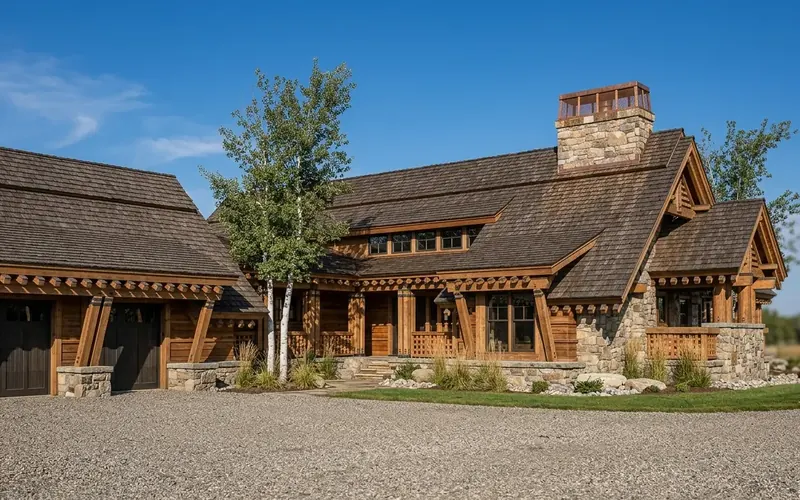 Arrival court with garage doors, covered timber porch and stone chimney under a clear sky