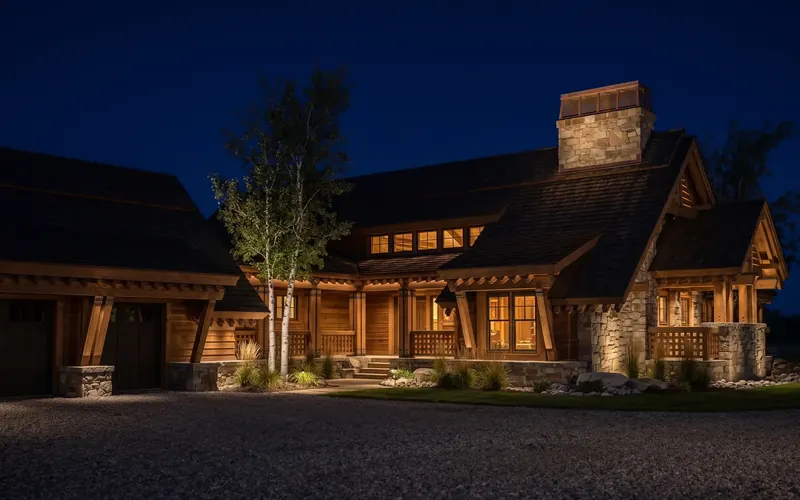 Heavy-Timber Mountain Home at night, lit timber porches, stone chimney and white-barked trees beneath a deep blue sky