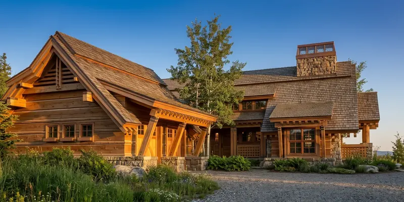Garage wing with heavy timber braces and shingled roof lit by warm, low sun