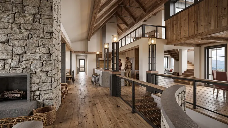 Open great room with stone fireplace, wide-plank floors, timber trusses and lantern columns by the kitchen