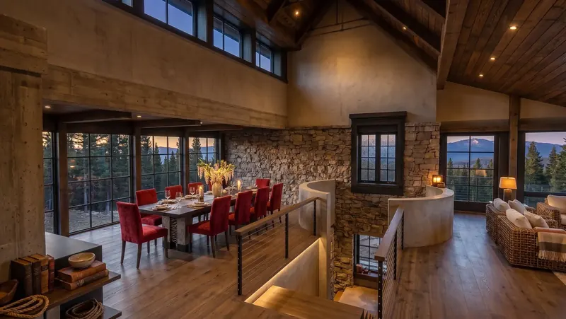 Candlelit dining table and lit stair at dusk, with mountains fading outside the windows