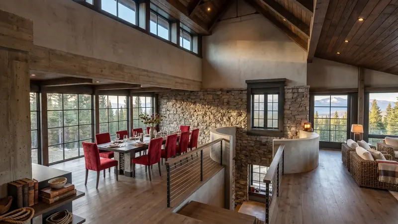 Upper-level dining area with red chairs beside a stone wall and open stair, with forest and mountain views