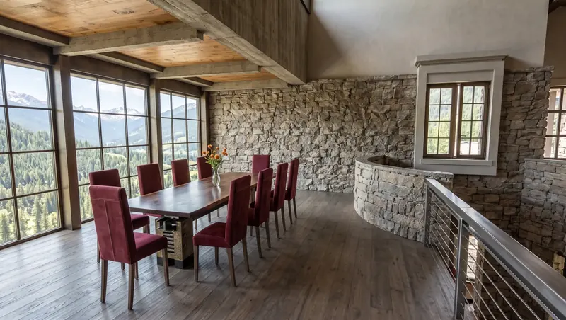 Dining room with red upholstered chairs, curved stone wall and windows overlooking forested, snow-capped peaks