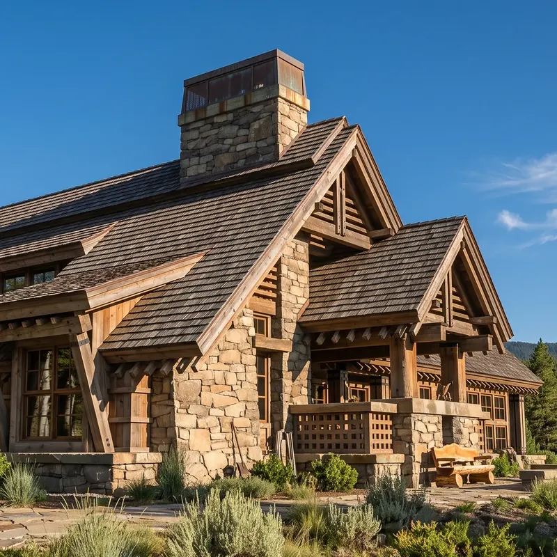 Stone chimney, timber gables and a covered porch with timber posts, lattice railing and a log bench