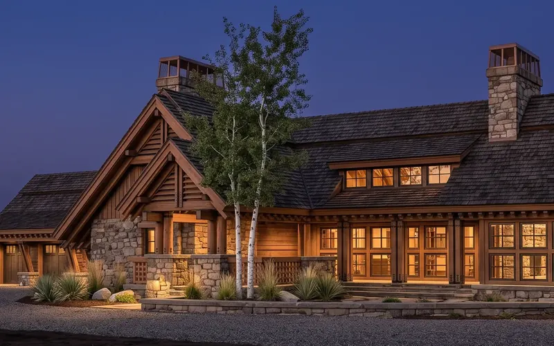 Heavy-Timber Mountain Home at dusk, windows glowing beneath stone chimneys and timber gables