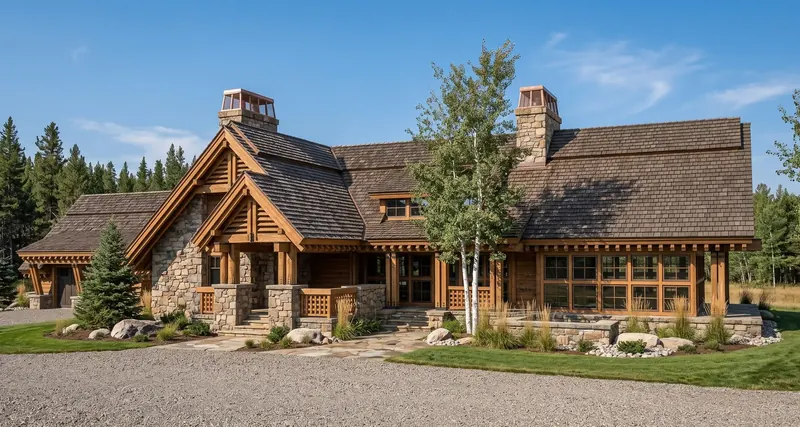 Timber-framed gables, two stone chimneys with copper-toned caps and a wall of windows set against pine forest