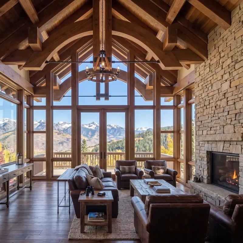 Living room beneath arched timber trusses, stone fireplace and a glass gable framing snowy peaks