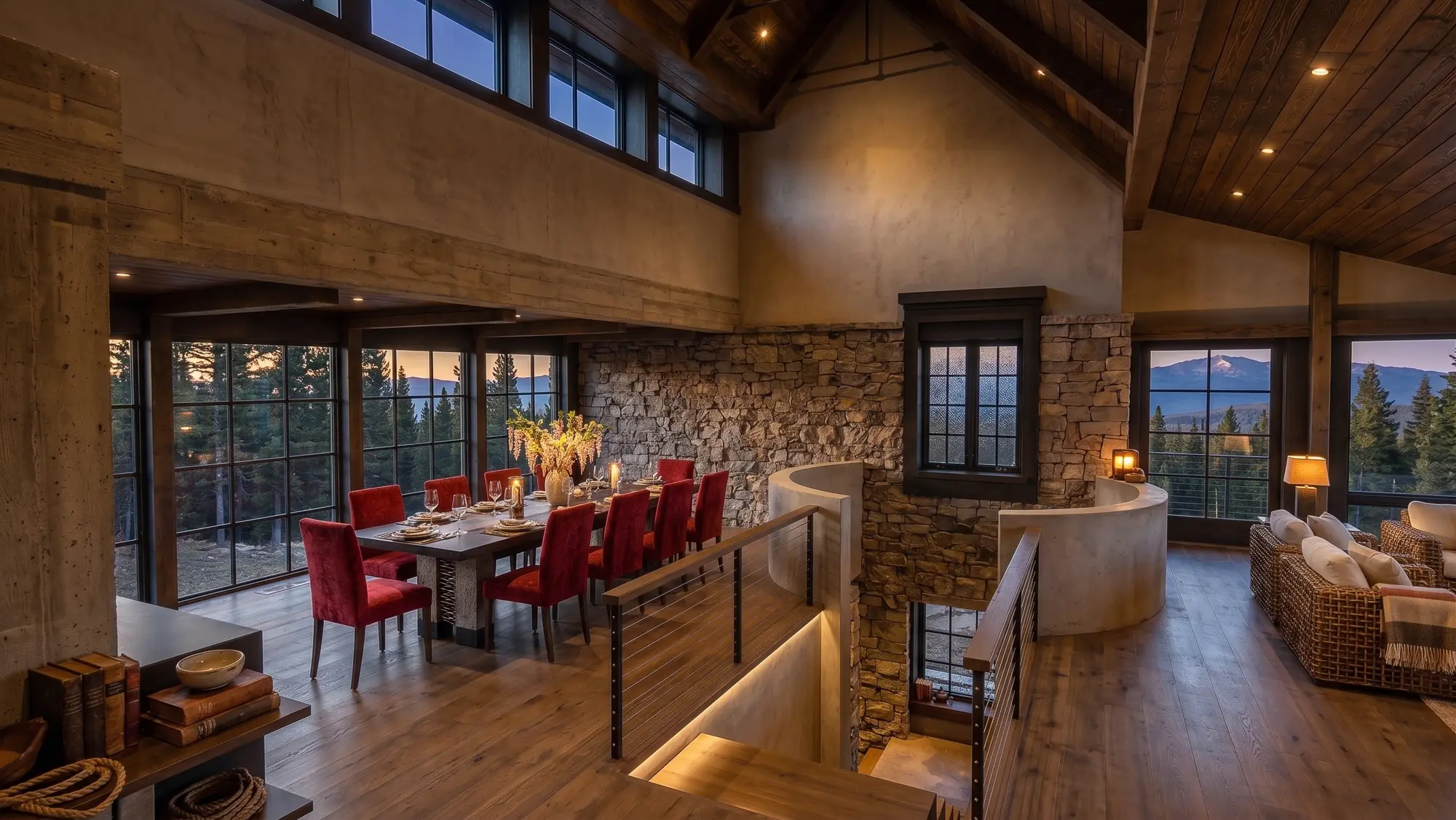 Candlelit dining table and lit stair at dusk, with mountains fading outside the windows