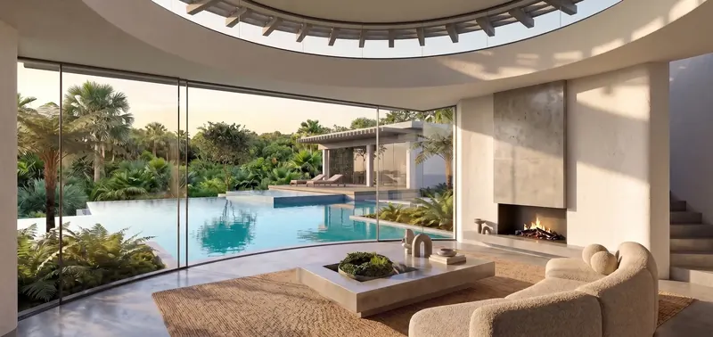 Round living room with curved floor-to-ceiling glass, a circular opening to the roof trellis, fireplace and pool views