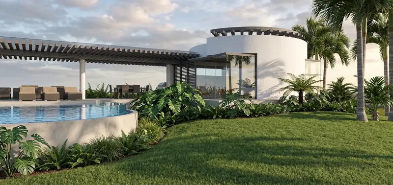 Rotunda and long trellis-covered terrace with loungers and dining beside a curved raised pool, lawn and tropical planting